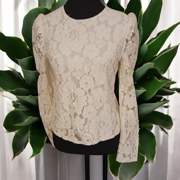 WAYF Ivory Lace Blouse – Puff Shoulders, Sheer Long Sleeves, Back Zip, S… - Picture 1 of 10